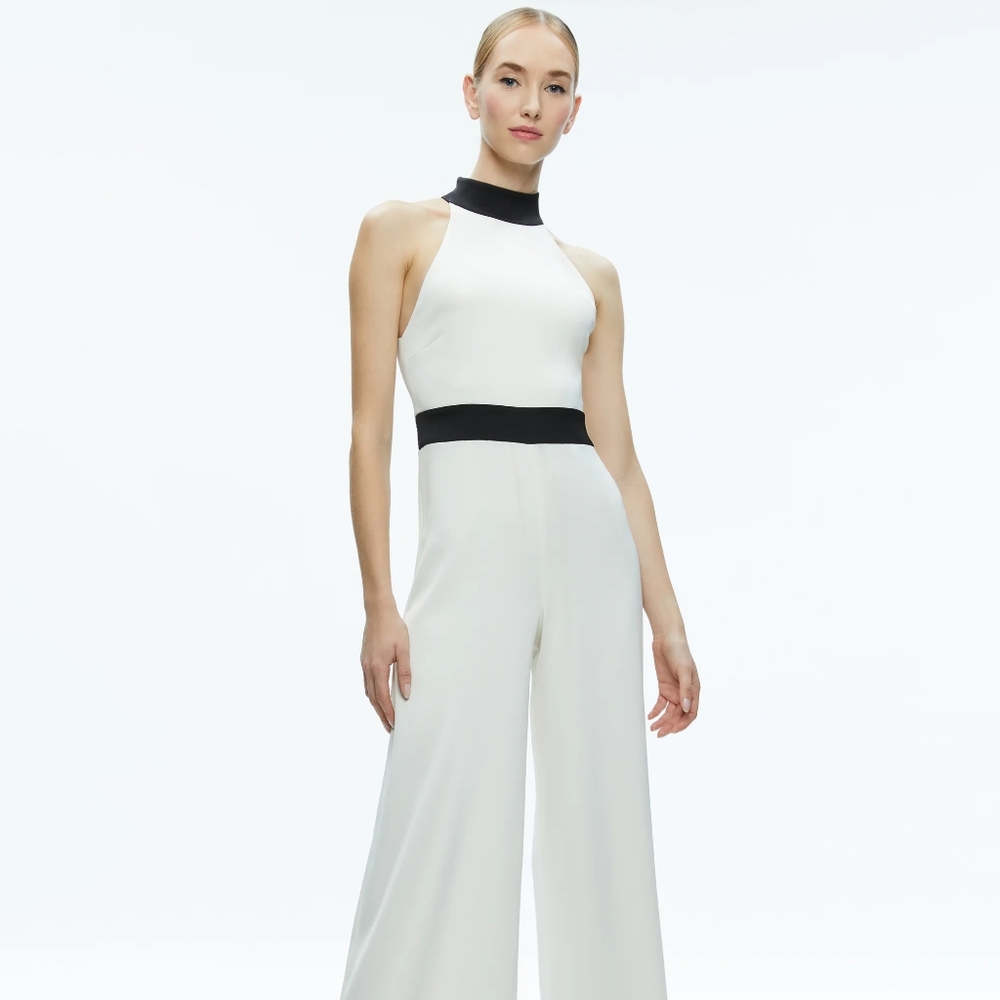 NWT Alice Olivia CATALINE HIGH NECK WIDE LEG JUMPSUIT 14 Off White Black Stripe